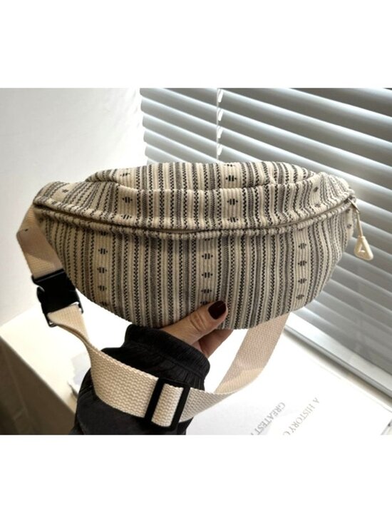 Boutique Handbags - White & Black Striped Canvas Crossbody Fanny Pack Waist Bag With Adjustable Stra